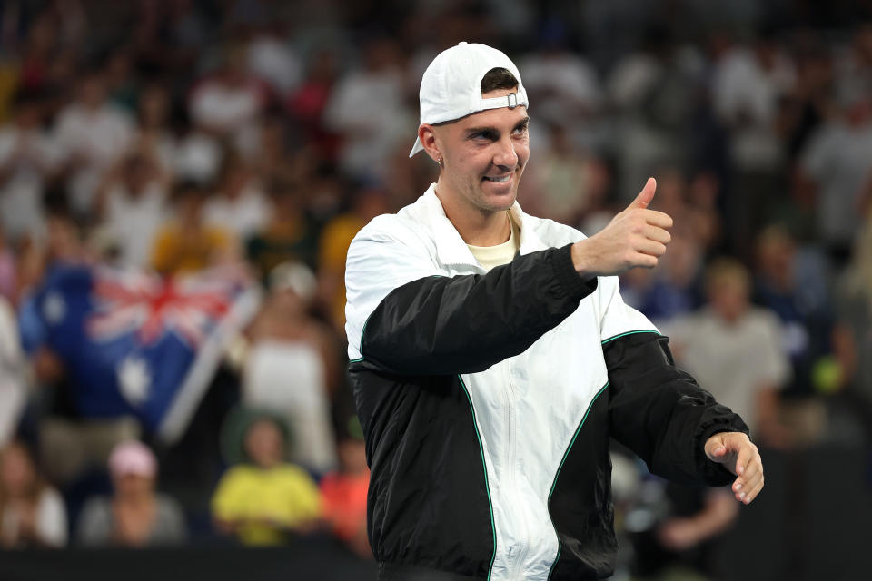 Thanasi Kokkinakis thanks the crowd.