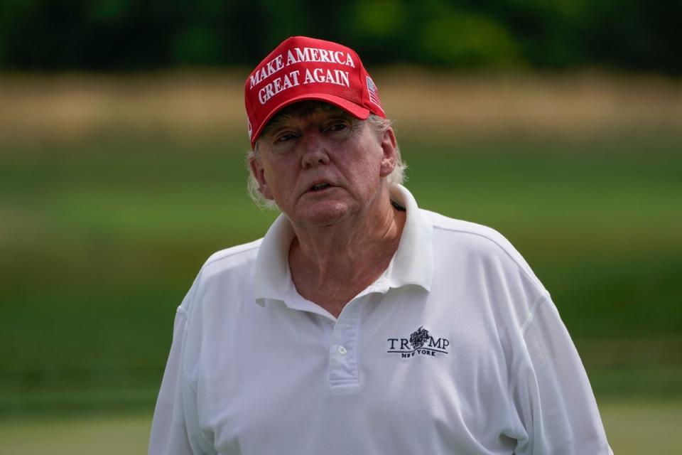 Donald Trump plays during the pro-am round of the Bedminster Invitational LIV Golf tournament in Bedminster on Thursday (AP)