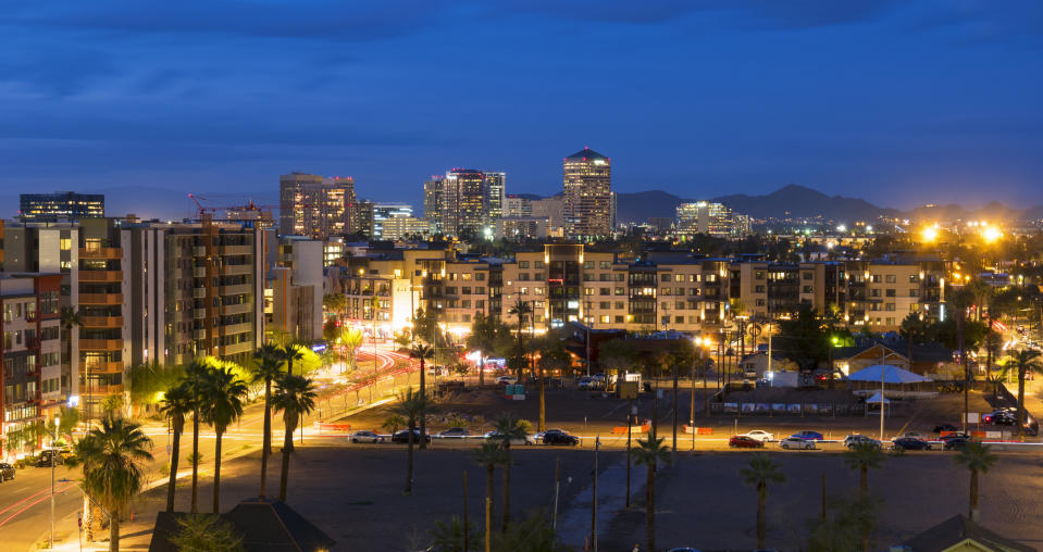 The skyline of Scottsdale, Arizona, in evening light