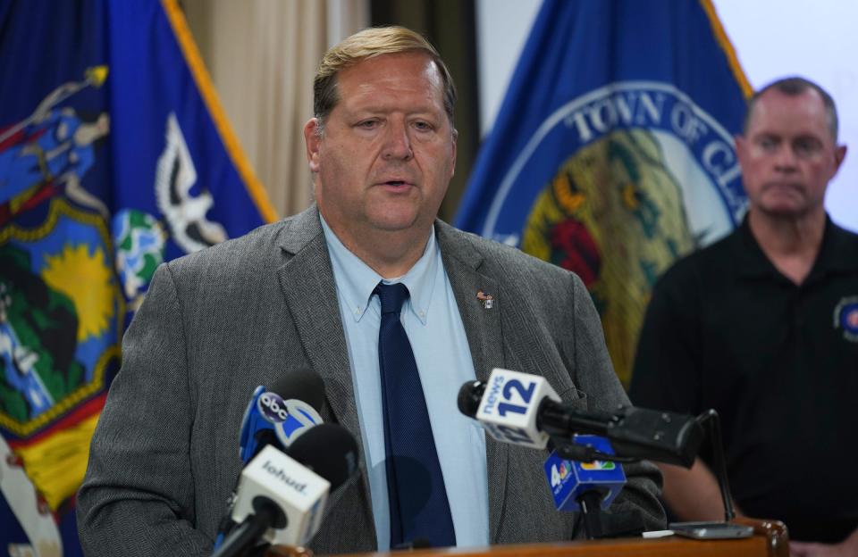 Clarkstown Supervisor George Hoehmann offers comments on steps being taken to crack down on illegal flophouses in Clarkstown during a press conference at Clarkstown Town Hall in New City on Thursday, October 19, 2023.