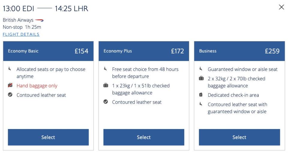 Screenshot of British Airways booking process