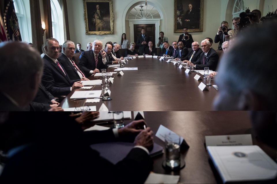 President Donald Trump listens during a Cabinet meeting in the Cabinet Room of the White House in Washington, DC on Monday, June 12, 2017. From left, Interior Secretary Ryan Zinke, Secretary of State Rex Tillerson, Defense Secretary Jim Mattis, and Commerce Secretary Wilbur Ross.(Photo: Jabin Botsford/The Washington Post via Getty Images)