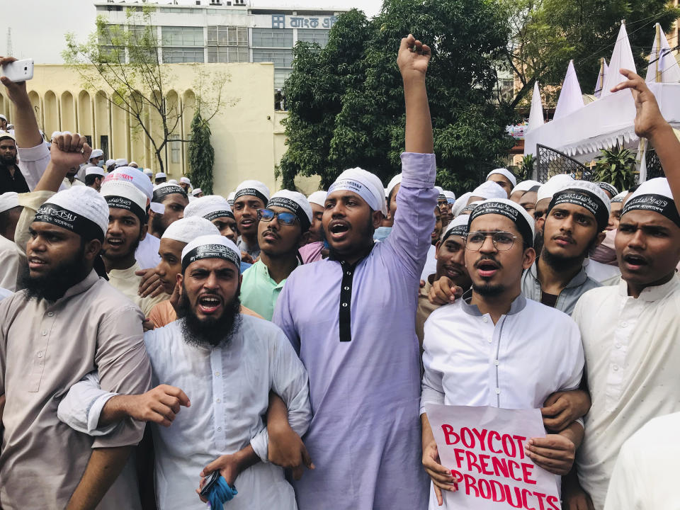 Bangladeshi Muslims protesting the French president’s support of secular laws allowing caricatures of the Prophet Muhammad shout slogans in Dhaka, Bangladesh, Monday, Nov.2, 2020. (AP Photo/Al-emrun Garjon)