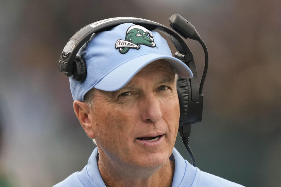 Tulane head coach Willie Fritz walks on the sideline in the first half of an NCAA college football game against UTSA in New Orleans, Friday, Nov. 24, 2023. (AP Photo/Gerald Herbert)