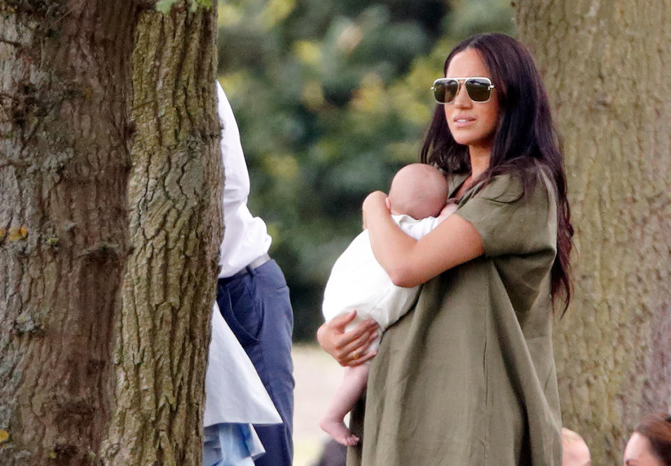 WOKINGHAM, UNITED KINGDOM - JULY 10: (EMBARGOED FOR PUBLICATION IN UK NEWSPAPERS UNTIL 24 HOURS AFTER CREATE DATE AND TIME) Meghan, Duchess of Sussex and Archie Harrison Mountbatten-Windsor attend the King Power Royal Charity Polo Match, in which Prince William, Duke of Cambridge and Prince Harry, Duke of Sussex were competing for the Khun Vichai Srivaddhanaprabha Memorial Polo Trophy at Billingbear Polo Club on July 10, 2019 in Wokingham, England. (Photo by Max Mumby/Indigo/Getty Images)