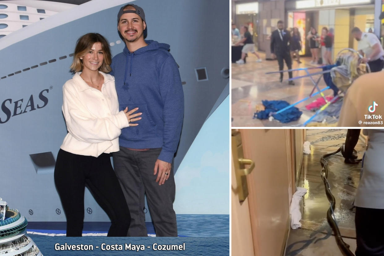 (Left) Alisha and Nate Downey, 31, from Denver, Colorado, on a Royal Caribbean cruise. (Right) Footage of floods on Royal Caribbean cruise.