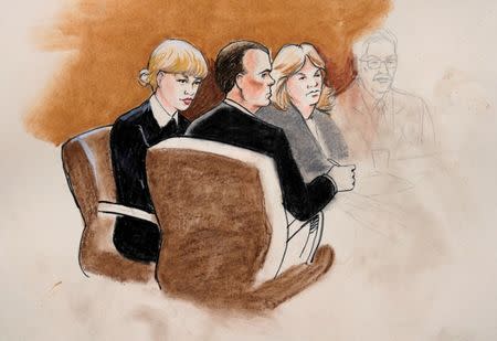 A sketch of Taylor Swift and her attorneys in Denver Federal Court during the Swift groping trial in Denver U.S. August 8, 2017. REUTERS/Jeff Kandyba NO RESALES. NO ARCHIVE. TPX IMAGES OF THE DAY