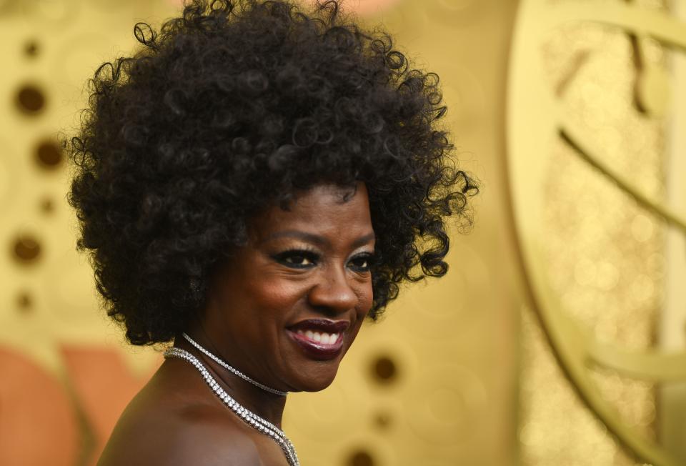 US actress Viola Davis arrived for the 71st Emmy Awards wearing a monochrome Alberto Ferretti gown [Photo: Getty Images]