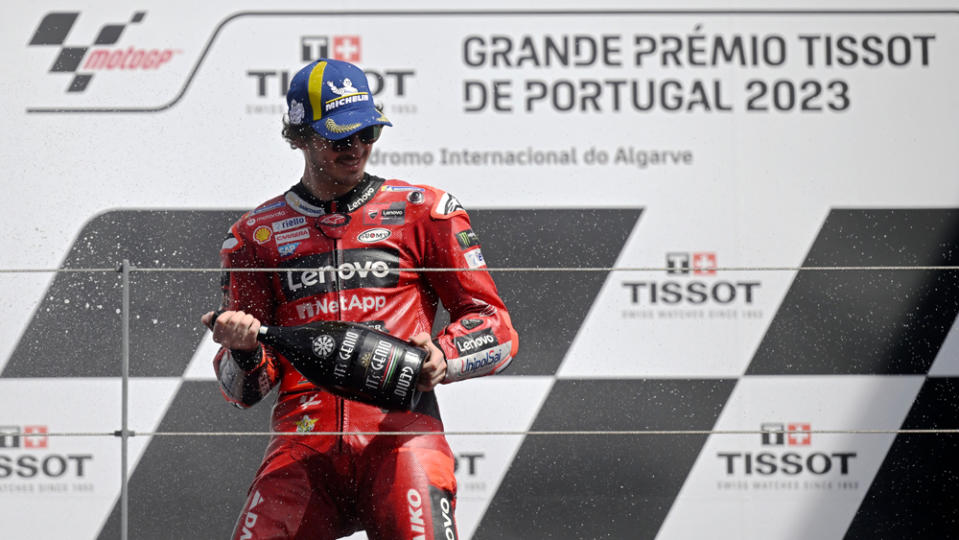 Ducati's Francesco Bagnaia after winning MotoGP's 2023 Portuguese Grand Prix on March 26, the second race of the season.