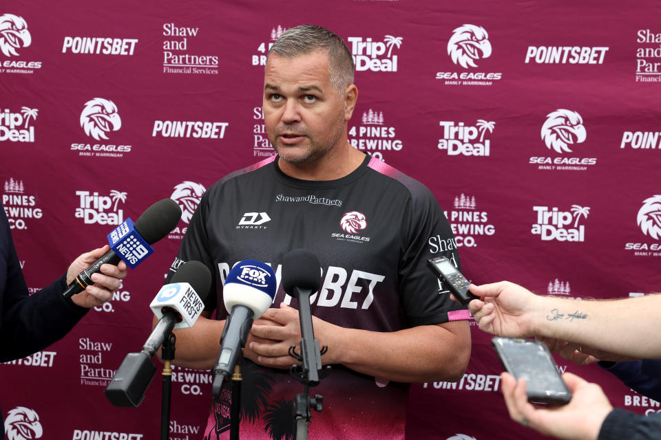 LAS VEGAS, NEVADA - MARCH 01:  Anthony Seibold, head coach of the Manly Warringah Sea Eagles, talks to the media before a NRL Captain's Run at Allegiant Stadium, on March 01, 2024, in Las Vegas, Nevada. (Photo by Ezra Shaw/Getty Images)