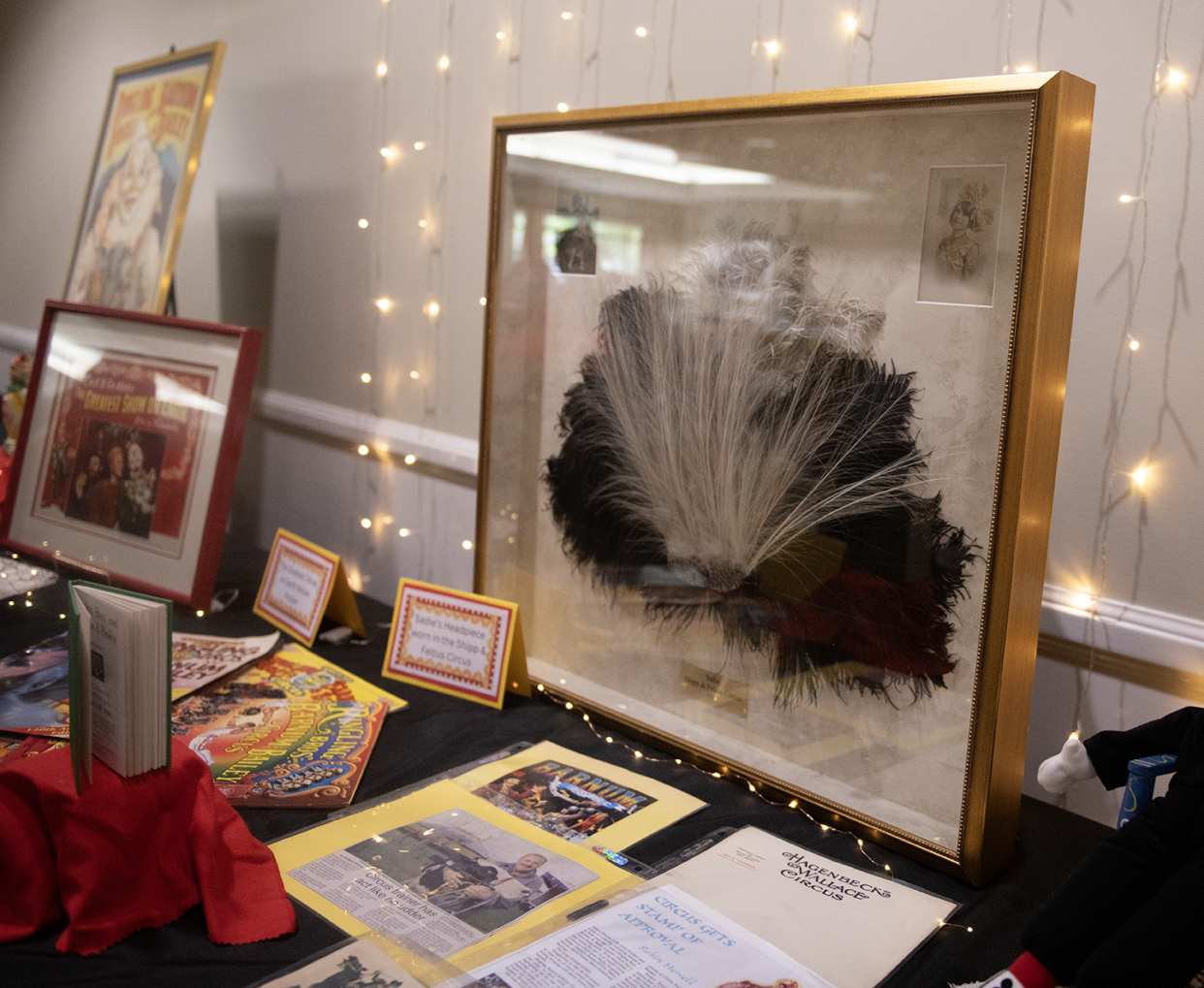 A framed headpiece worn by Sadie, a performer with the Shipp and Feltus Circus, is displayed at Ed’s Dream Big circus showcase at Independence Village of Aurora on Thursday.