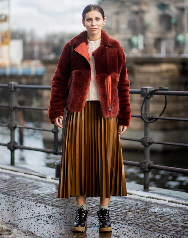 Black & Brown :: Faux Leather Skirt & Blue Sweater - Olivia Jeanette