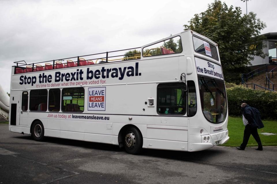 The campaign bus is seen parked outside the 'Save Brexit' rally (AFP/Getty Images)