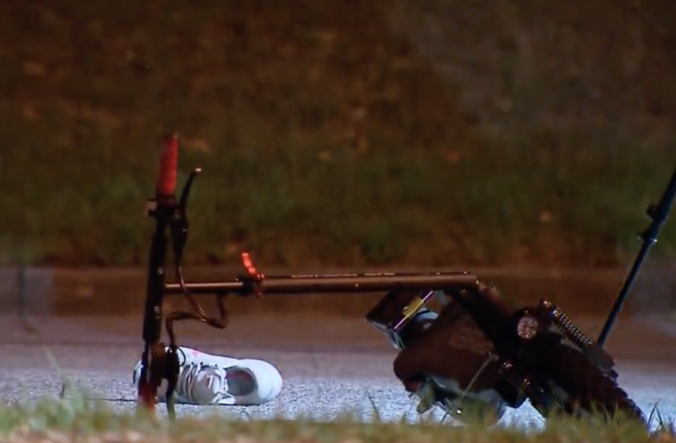 A smashed e-scooter at Narre Warren in Melbourne following a fatal crash.