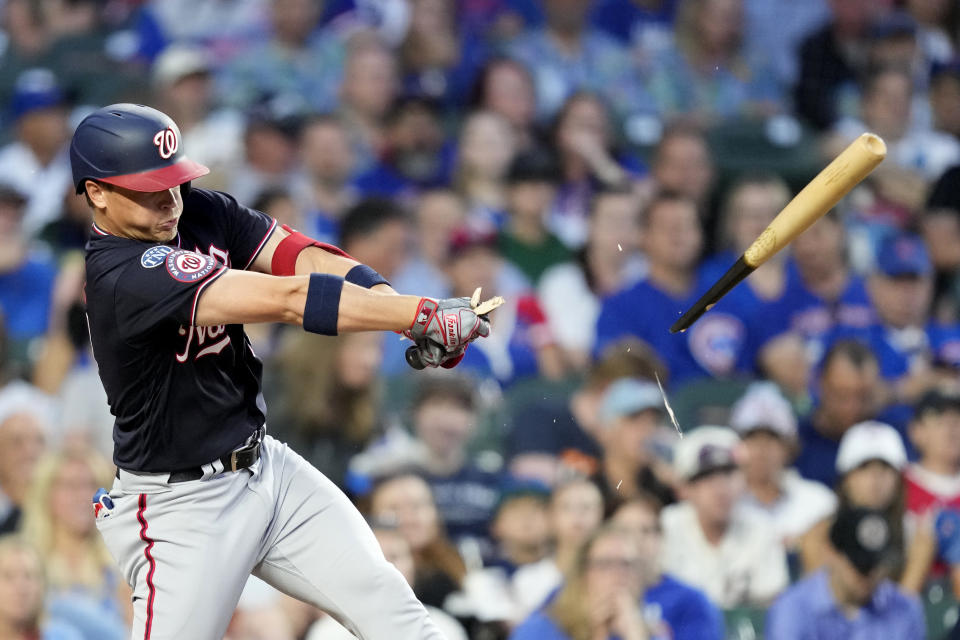 Washington Nationals' Alex Call breaks his bat on a pitch from Chicago Cubs' starter Drew Smyly during the fourth inning of a baseball game Monday, July 17, 2023, in Chicago. (AP Photo/Charles Rex Arbogast)