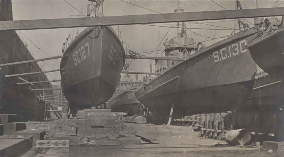 The World War I submarine chaser SC 130 is depicted here in dry dock in an undated photo. The SC 130 visited Henderson and Evansville the first week of June 1923 It was commanded by Lt. Thomas A. Nicholson, son of local coal operator J.L. Nicholson.