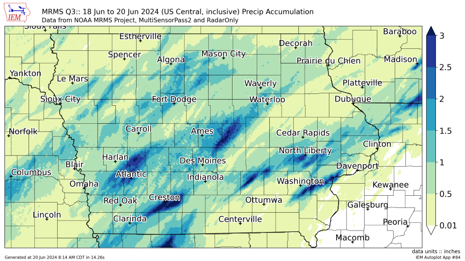 Rainfall total for Iowa since Tuesday, June 18, 2024.