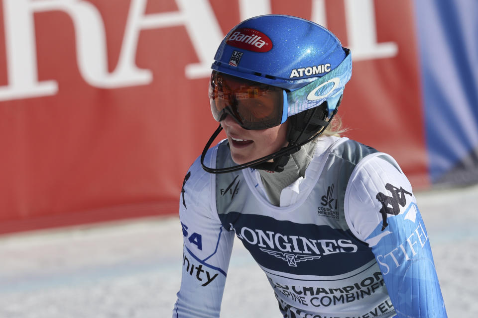 United States' Mikaela Shiffrin reacts after failing to complete the slalom portion of an alpine ski, women's World Championship combined race, in Meribel, France, Monday, Feb. 6, 2023. (AP Photo/Marco Trovati)