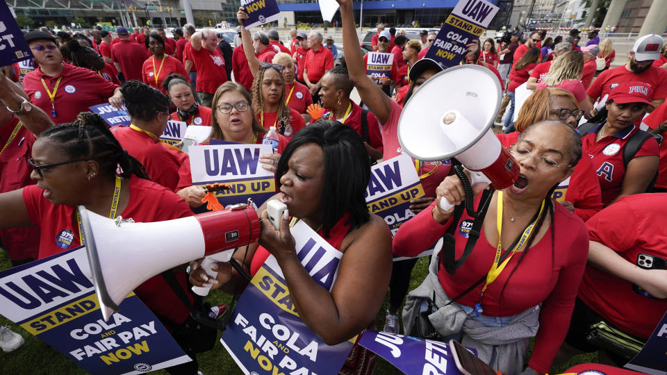 United Auto Workers members attend a rally in Detroit, Friday, Sept. 15, 2023. The UAW is conducting a strike against Ford, Stellantis and General Motors. / Credit: Paul Sancya / AP