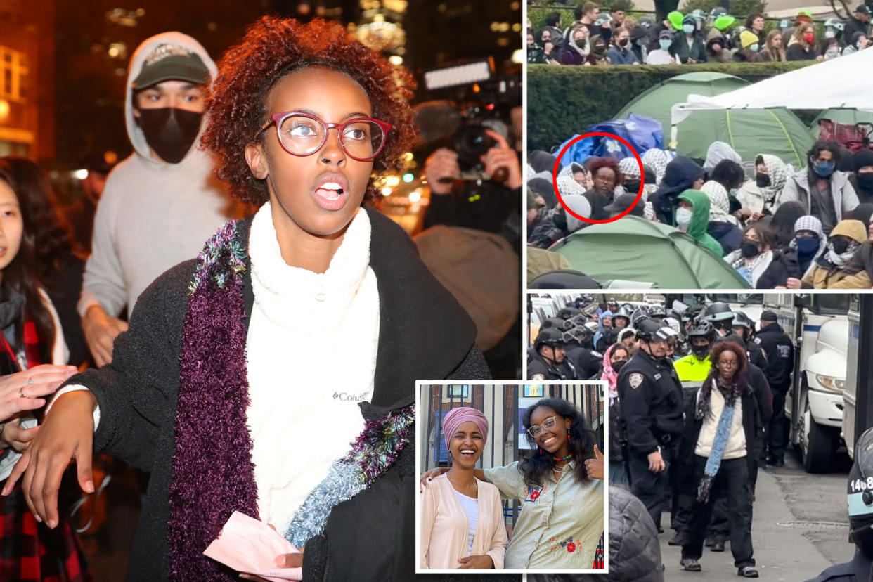 A collage of people in a crowd, featuring Ilhan Omar