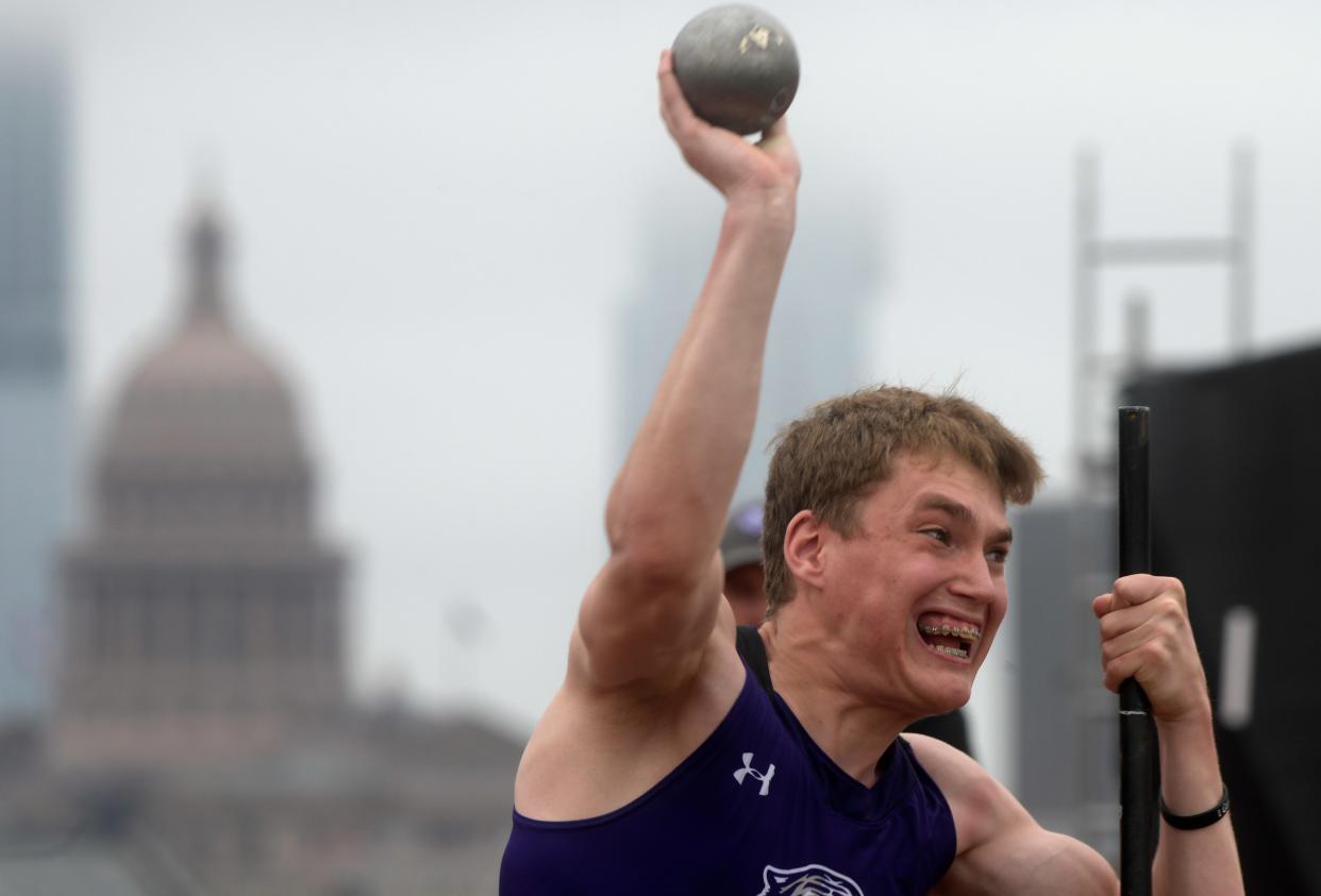 Jacksboro's Jaxson Hubble competes in the seated shot put during the Class 7A UIL State track and field meet, Friday, May 3, 2024, at Mike A. Myers Stadium in Austin.