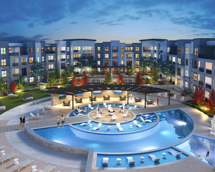 The Verge, a 263-unit apartment project under way in Kyle,  will have a large interior courtyard with a resort-style pool, outdoor grilling stations, a pickleball court, lounge areas and green spaces.  Five new restaurants will be built next to the apartment complex, the developer says.