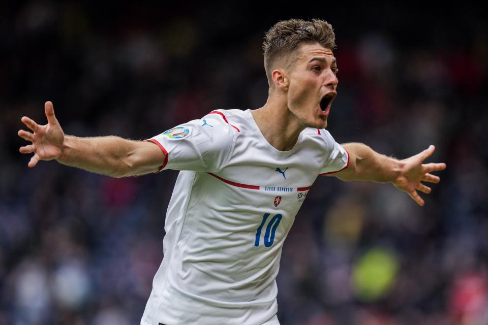 Czech Republic's Patrik Schick celebrates after scoring his second goal during the Euro 2020 soccer championship group D match between Scotland and Czech Republic, at Hampden Park stadium in Glasgow, Scotland, Monday, June 14, 2021. (AP Photo/Petr David Josek, Pool)