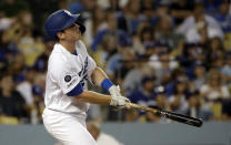 Los Angeles Dodgers' Will Smith watches his two-run home run against the Toronto Blue Jays during the third inning of a baseball game Tuesday, Aug. 20, 2019, in Los Angeles. (AP Photo/Marcio Jose Sanchez)