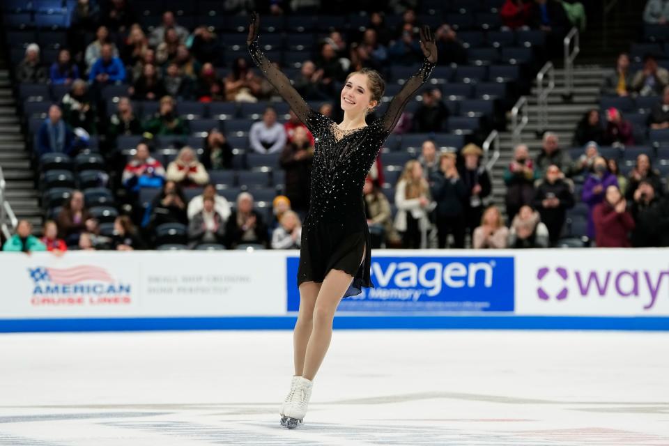 Isabeau Levito skates out for the women's medal ceremony, where she received bronze, at the 2024 U.S. Figure Skating Championships at Nationwide Arena.