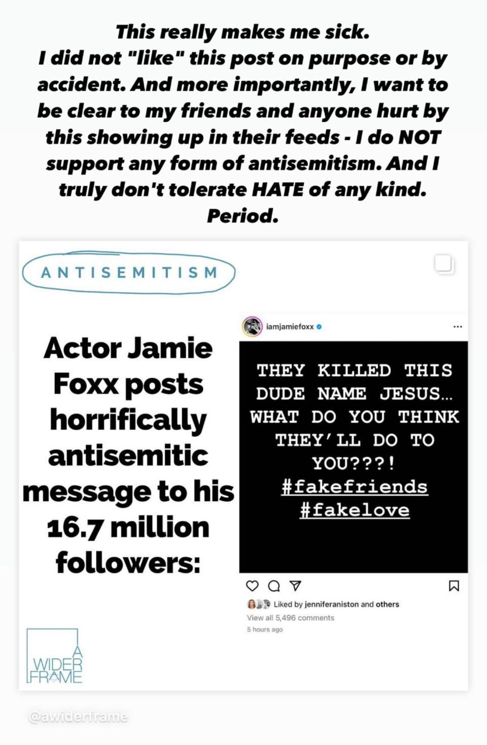 screenshot of Jennifer Aniston's remarks on her IG to add in the story
