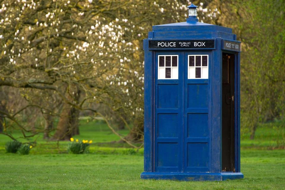 Mandatory Credit: Photo by Polly Thomas/Shutterstock (3658565an) The Tardis 'Doctor Who' TV series filming, Hadyn Ellis Building, Cardiff University, Wales, Britain - 18 Mar 2014