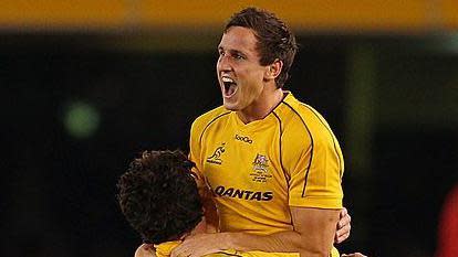 Mike Harris celebrates his match-winning kick against Wales in 2012