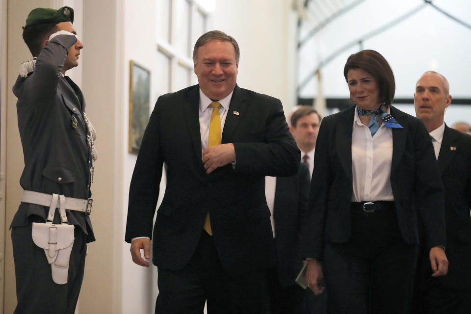 U.S. Secretary of State Mike Pompeo meets with Lebanon's Interior Minister Raya al-Hassan at the Interior Ministry in Beirut, Lebanon, Friday, March 22, 2019. (Jim Young/Pool Image via AP)