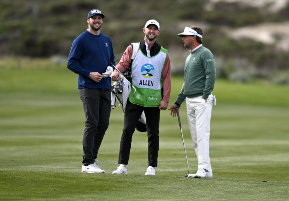 Josh Allen and Keith Mitchell of the United States on the fourth hole during the first round of the AT&T Pebble Beach Pro-Am at Spyglass Hill Golf Course on February 02, 2023 in Pebble Beach, California. (Photo by Orlando Ramirez/Getty Images)
