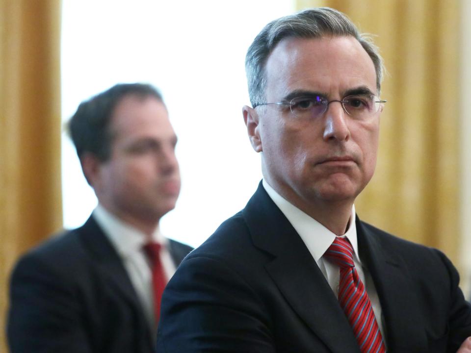 White House Counsel Pat Cipollone (R) waits for the beginning of a cabinet meeting in the East Room of the White House on May 19, 2020 in Washington, DC. Earlier in the day President Trump met with members of the Senate GOP.