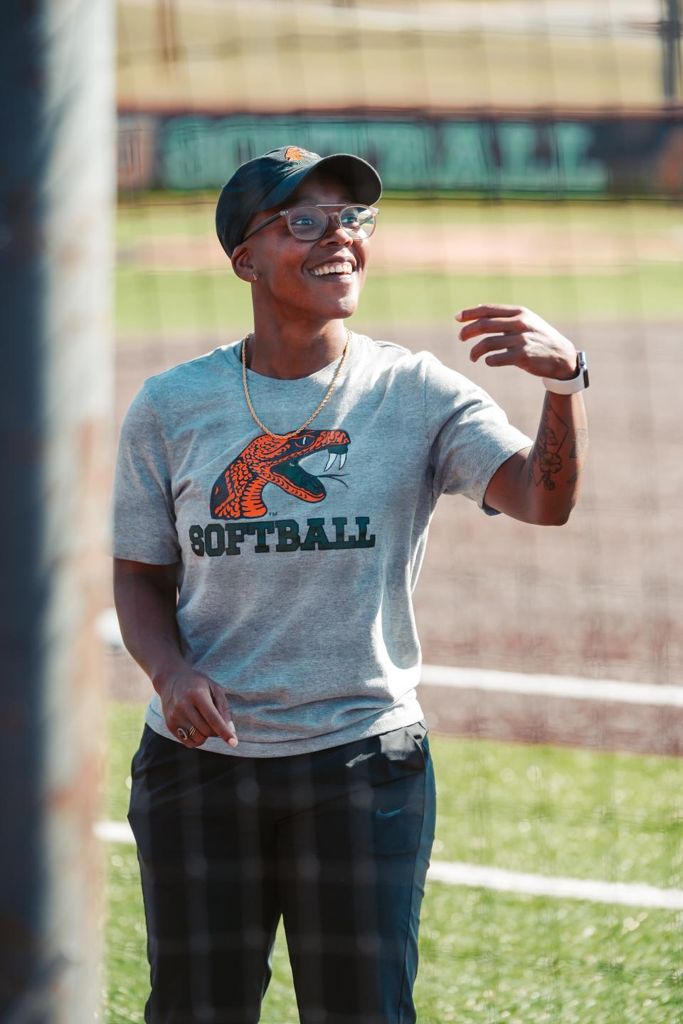 Florida A&M University softball head coach Camise Patterson rejoices at ‘Fan Day’ scrimmage game in Tallahassee, Florida, Saturday, Feb. 4, 2023