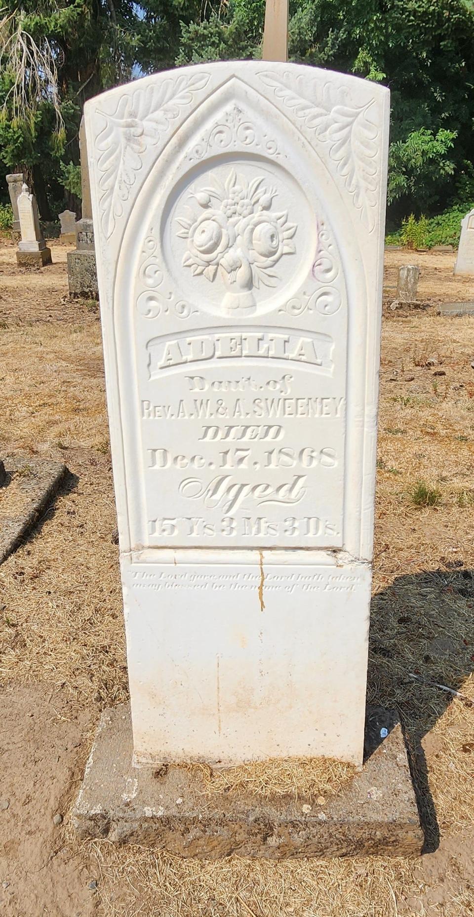 The headstone for Adelia Sweeny after it was cleaned.