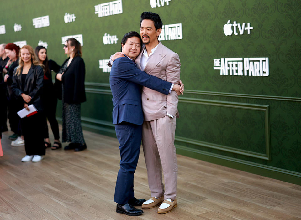 (L-R) Ken Jeong and John Cho attend the red carpet premiere for Apple TV+'s "The Afterparty" at Regency Bruin Theatre on June 28, 2023 in Los Angeles, California.