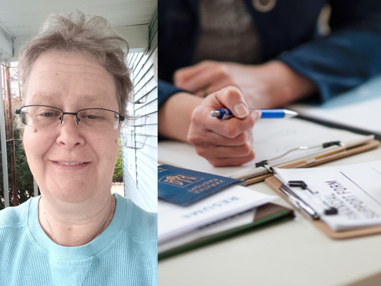 A photo of a middle-aged woman collaged with a photo of a person signing a legal document.