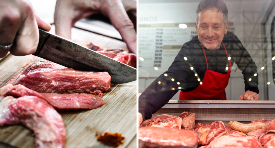 A hand with a knife cutting meat (left) a butcher reaches into a meat case (right).