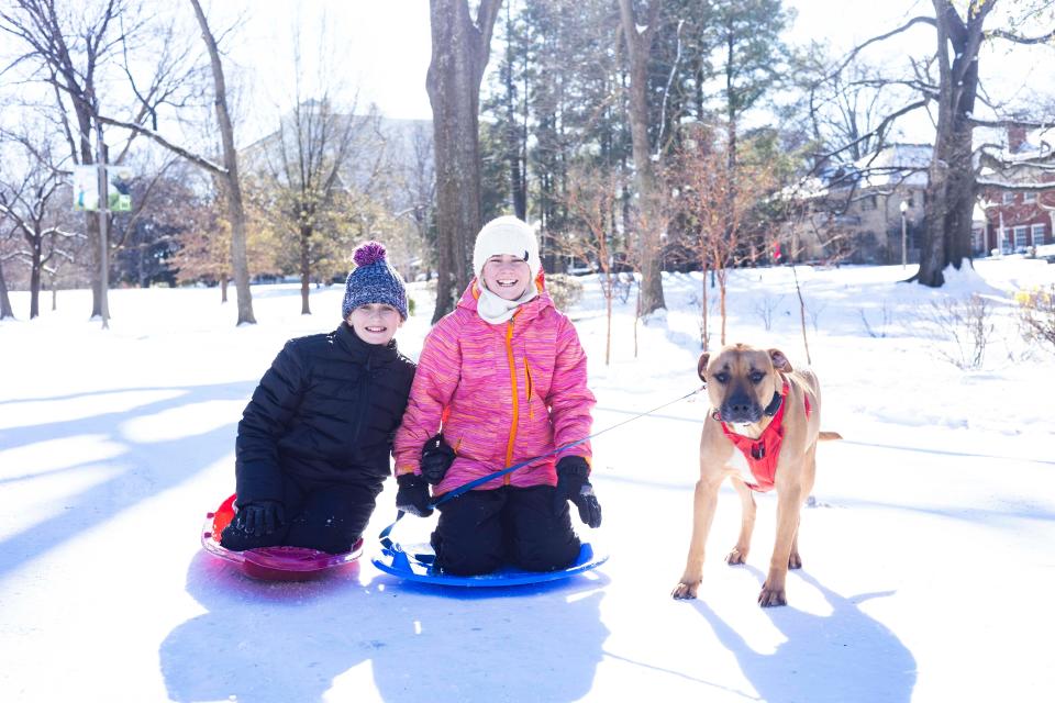 Quinn Bateman, right, and Elliot Hayes, left, pose for a photo with Ranger after sledding in the snow at Overton Park on Wednesday, Jan. 17, 2024. The Memphis area received between 3 to 6 inches of snow and below-freezing temperatures.
