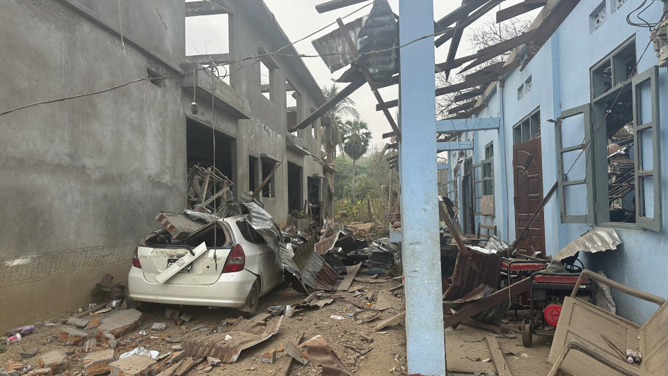 This undated photo released by the Free Burma Rangers, shows a monastery destroyed by a Burmese military airstrike on March 31, 2024, in Papun, Karen state, Myanmar. (Free Burma Rangers via AP)