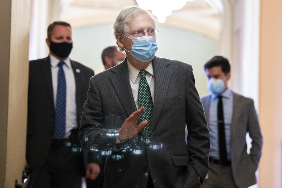 UNITED STATES - DECEMBER 3: Senate Majority Leader Mitch McConnell, R-Ky., leaves the Senate floor in the Capitol on Thursday, December 3, 2020. (Photo By Tom Williams/CQ-Roll Call, Inc via Getty Images)