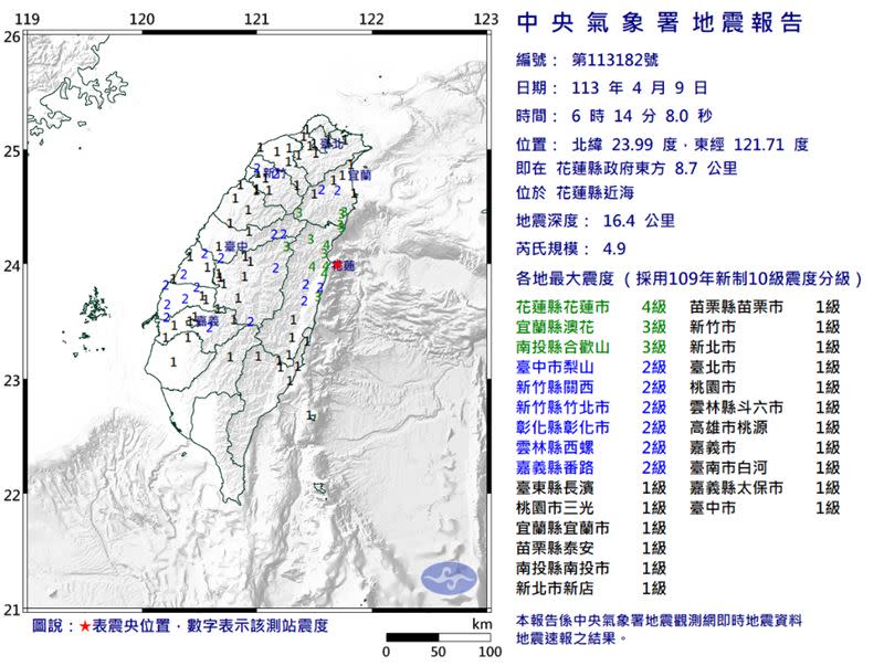 清晨6時14分花蓮縣近海發生芮氏規模4.9地震。（圖／翻攝自中央氣象署）