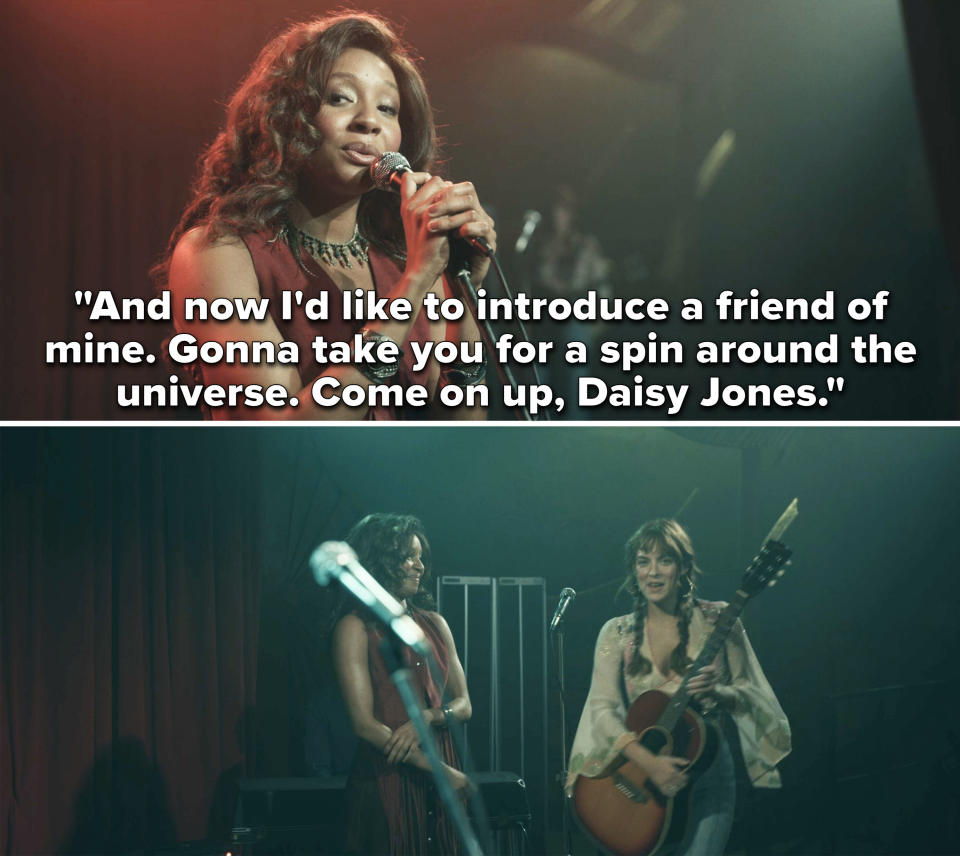Simone saying, &quot;And now I'd like to introduce a friend of mine. Gonna take you for a spin around the universe. Come on up, Daisy Jones&quot;