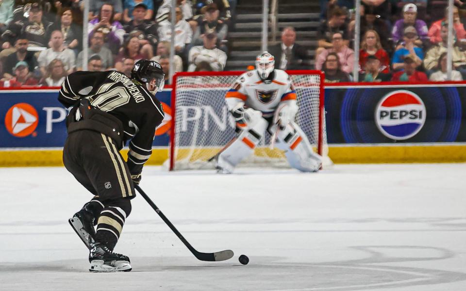Hershey's Ivan Miroshnichenko (10), seen here during Game 1 vs. Lehigh Valley, scored twice Saturday to help the Bears close out the Atlantic Division semifinal series.