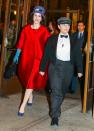 <p>Rachel Brosnahan and Alex Borstein are all dressed up on the New York City set of <em>The Marvelous Mrs. Maisel</em> on Monday night. </p>