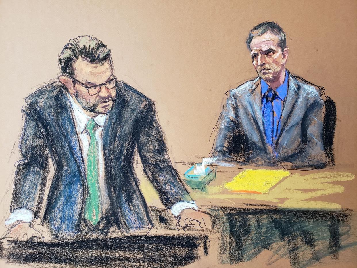 Defence attorney Eric Nelson makes closing arguments during the trial of former Minneapolis police officer Derek Chauvin for second-degree murder, third-degree murder and second-degree manslaughter in the death of George Floyd in Minneapolis, Minnesota, U.S. April 19, 2021 in this courtroom sketch. REUTERS/Jane Rosenberg