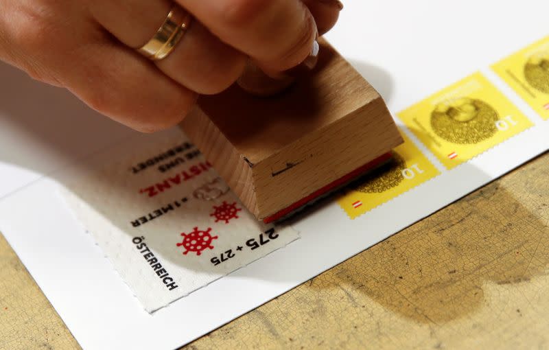 Austrian so-called "corona stamp" pictured in a post office, in Vienna