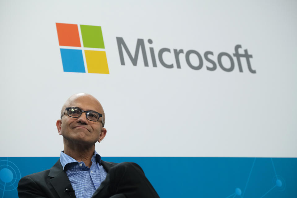 BERLIN, GERMANY - FEBRUARY 27: Satya Nadella, CEO of Microsoft, speaks with Herbert Diess, CEO of Volkswagen AG, (not pictured) at a "fireside chat" to the media about a joint project between the two companies called the Volkswagen Automotive Cloud on February 27, 2019 in Berlin, Germany. Microsoft is working with several automakers to advance the carmakers' digitalization.  (Photo by Sean Gallup/Getty Images)